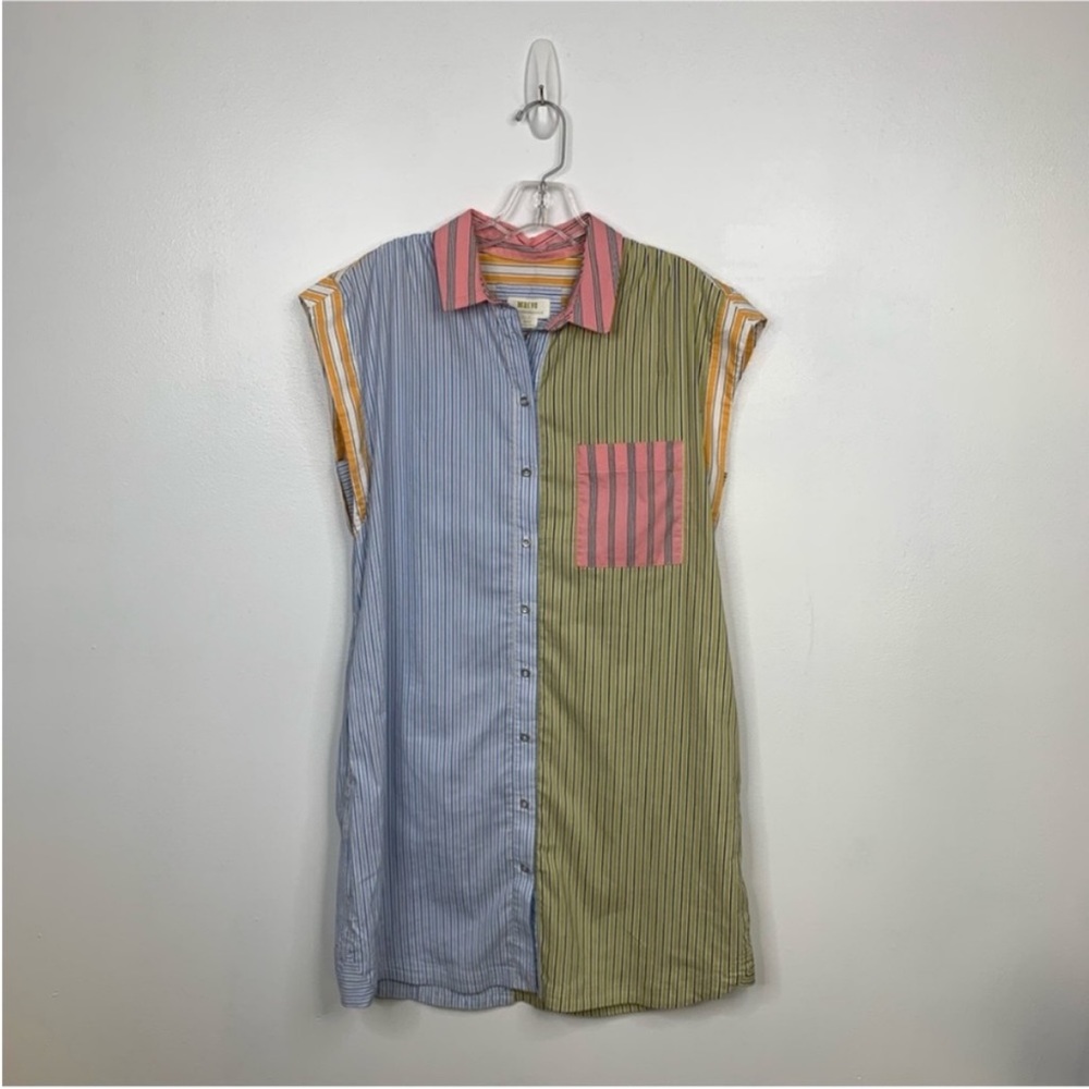 Maeve Multicolor Striped Button-Down Shirt Dress in Blue, Olive & Pink